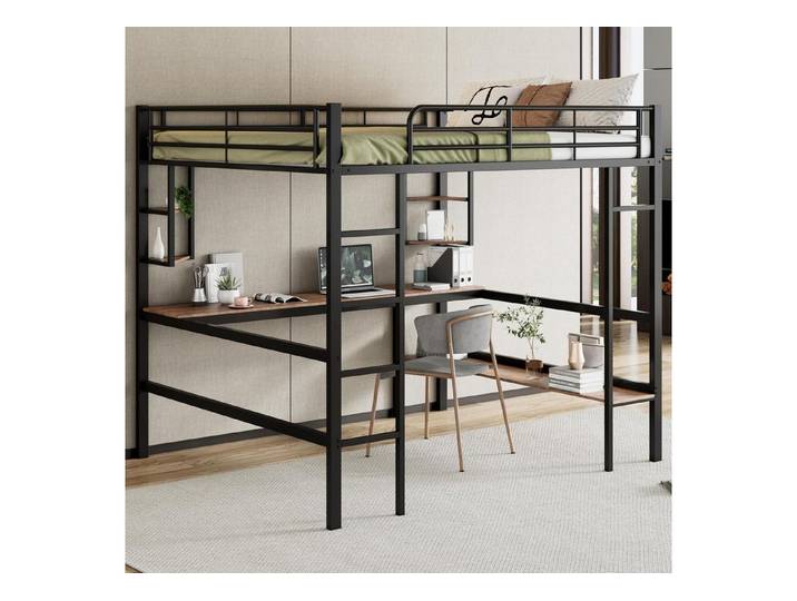 LuxusKollektion Metallbett Hochbett Metall 140x200 mit Schreibtisch & Regalen Schwarz