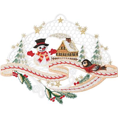 Fensterbild "Landschaft Schneemann" Gr. 1, bunt (apricot, goldfarben, rot), B:27cm H:21cm, Polyester, W. REUTER & SOHN - PLAUENER SPITZE, Fensterbilder, Made in Germany