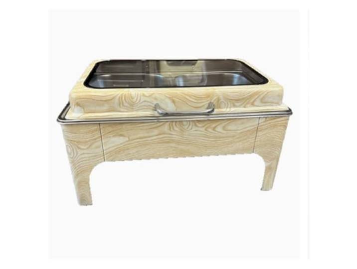 Rechteckiger Buffetheber mit Chafer Dish aus Holzmaserung chafing dish Mit Glasdeckel, Speisenwärmer aus Edelstahl for Hotelbankett-Restaurant-Catering