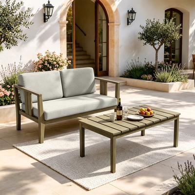 Uixe Teak Patio Loveseat with Coffee Table Outdoor Conversation Set
