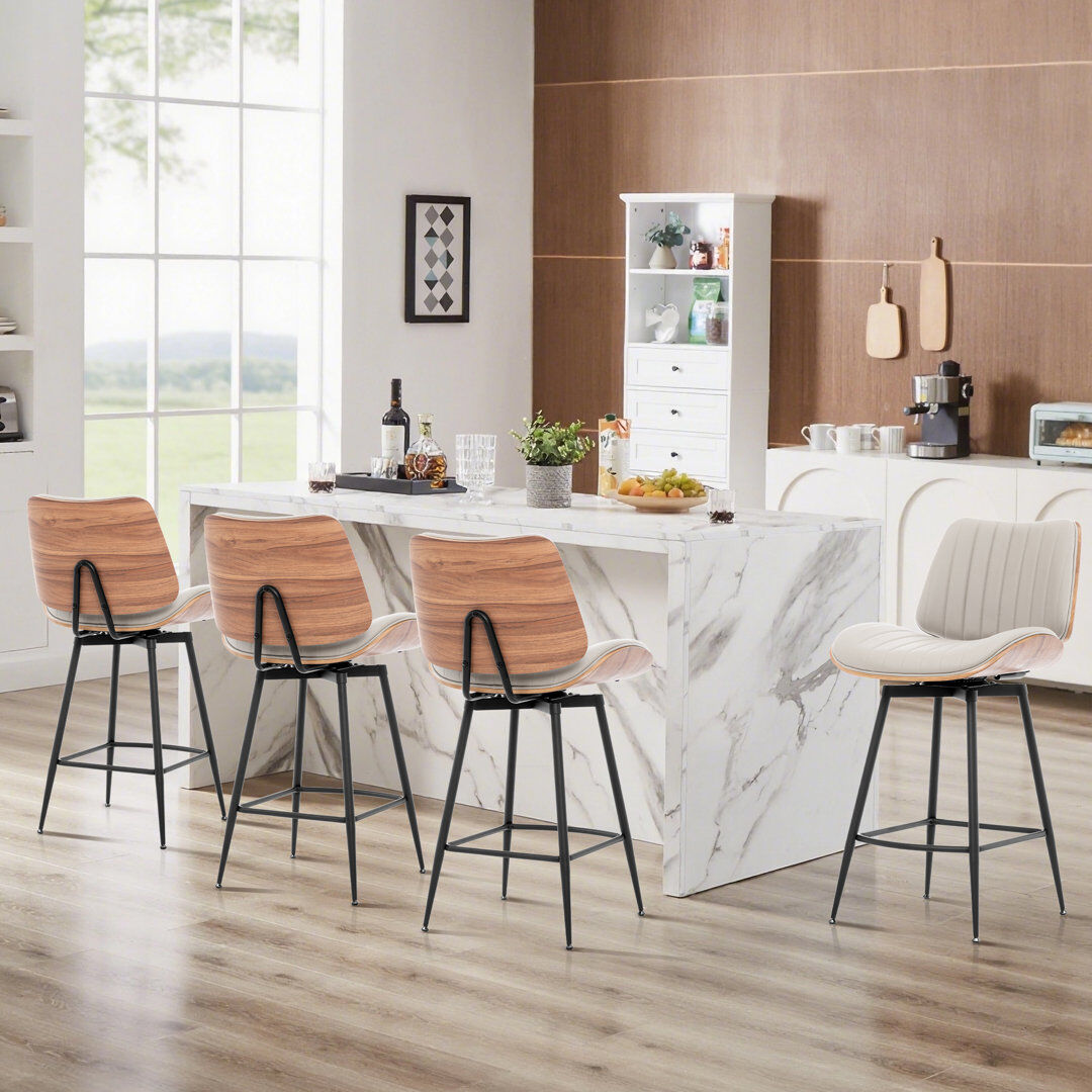 George Oliver Chelsea Mid-Century Swivel Bar Stool With PU Leather Seat White 52.48cm W X 116.84cm D