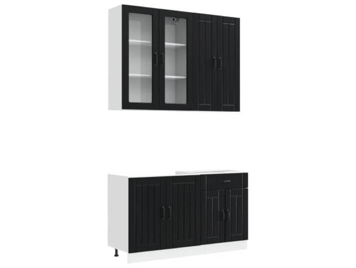 Favemtsl Küchenzeile 4-teilig Schwarz Holzwerkstoff Küchenblock Lucca Praktischer Küchenblock für die Küche: 4-teiliges Set aus Holzwerkstoff mit verstellbaren Füßen und Glas Hängeschrank.
