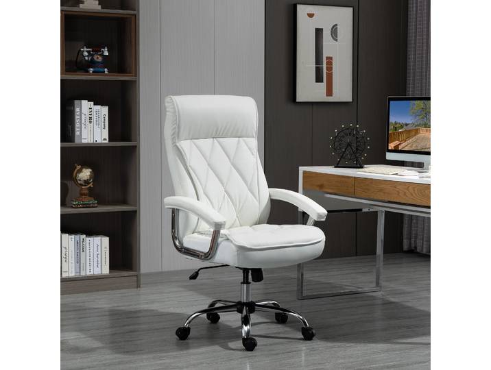Vinsetto Chaise de Bureau Chaise de Direction Fauteuil de Bureau Chaise Pivotante Ergonomique avec Fonction Basculement Réglable en Hauteur Motif Losanges Moderne Elégant Luxueux Similicuir Métal Mousse Blanc 66x69x121 cm