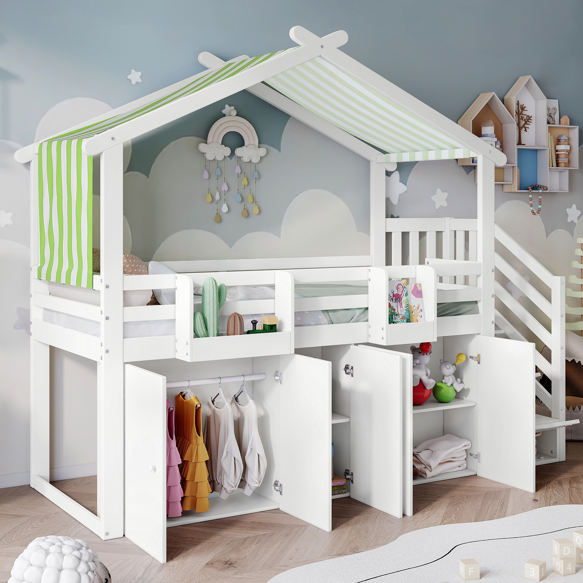 MODFU Kinderbett Etagenbett 90x200cm mit Fallschutzgitter, 1 Kleiderschrank und 2 Schließfächer, Holzbett Hausbett mit 3 Schließfächer in der Treppe,Weiß+Grün(mit matratze)