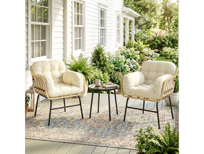 Outsunny Salon Jardin 3pcs Résine Tressée Kaki Table Verre Fauteuils
