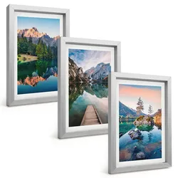 BILDER SET 3er Set - 20x30 cm Silberner Rahmen - Spiegelung des Waldes in Bergseen