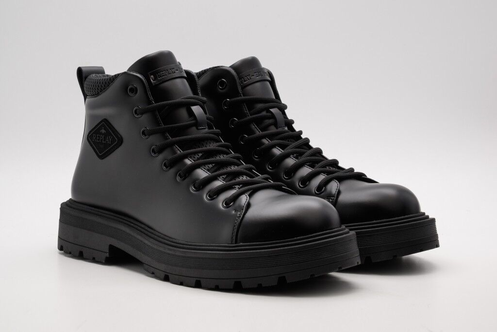 Schnürstiefelette REPLAY "OBLIVION CLIMB", Herren, Gr. 43, Textil, schwarz, Lederimitat, unifarben, Basic, Schuhe Schnürstiefelette, Schnürboots mit seitlichem Logo schwarz 43, Textil