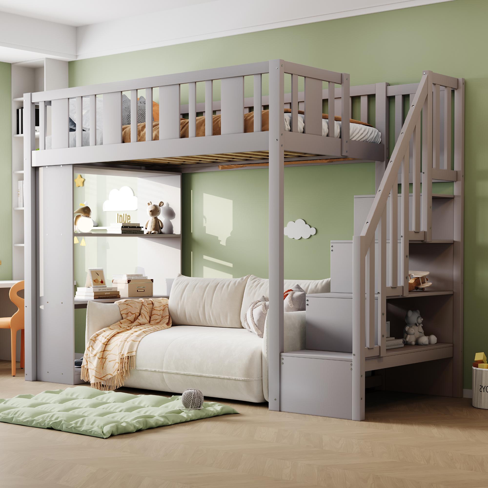 Merax Etagenbett Hochbett 90x200 mit Stauraumtreppe und Regalfächern, Jungenbett mit Sicherheitsgeländer, Kinderbett aus Kiefernholz, multifunktional,Grau