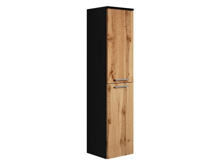 Badplaats Badezimmerschrank Saturnus mit 2 Türen Schwarz / Eiche - 35 x 35 x 130 cm, Eichefarben, Schwarz, Holz, Rechteckig, 35x130x35 cm, Badezimmer, Badmöbel, Midischränke