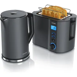 Arendo Frühstücks Set Edelstahl Wasserkocher 1,5l mit Anzeige & 2-Scheiben Langschlitz Toaster, Cool Grey, Wasserkocher, Grau