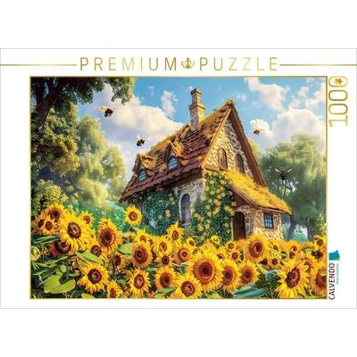 CALVENDO Puzzle Cottage am Sonnenblumenfeld | 1000 Teile Lege-Größe 64x48cm Foto-Puzzle für glückliche Stunden