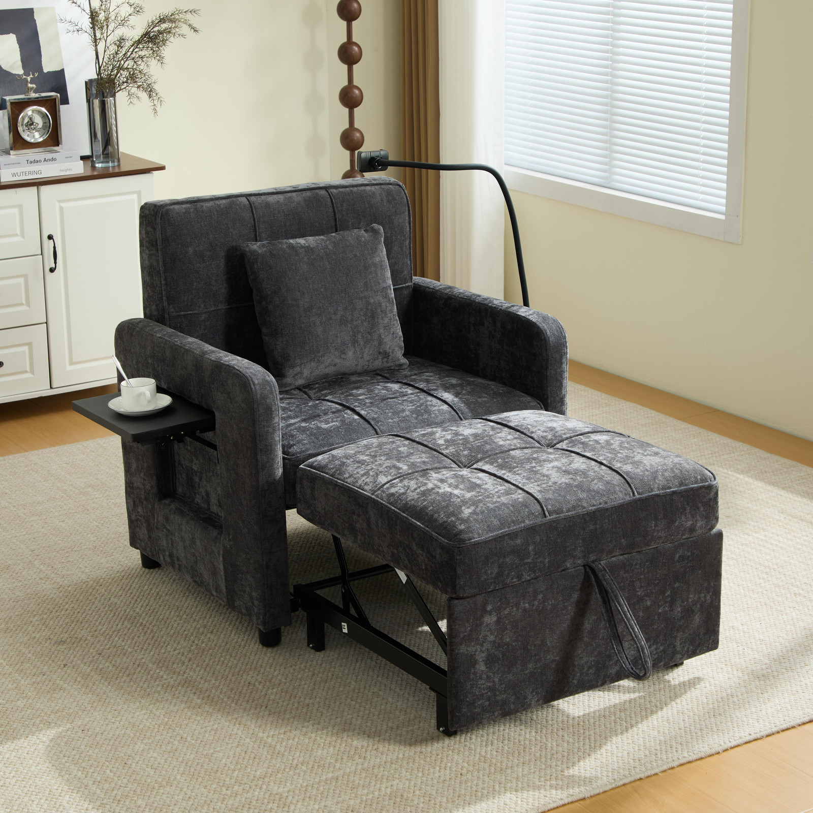 STILVORA 2-in-1 slaapfauteuil met kussen, zijvakken, opbergzak en geïntegreerd bijzettafeltje