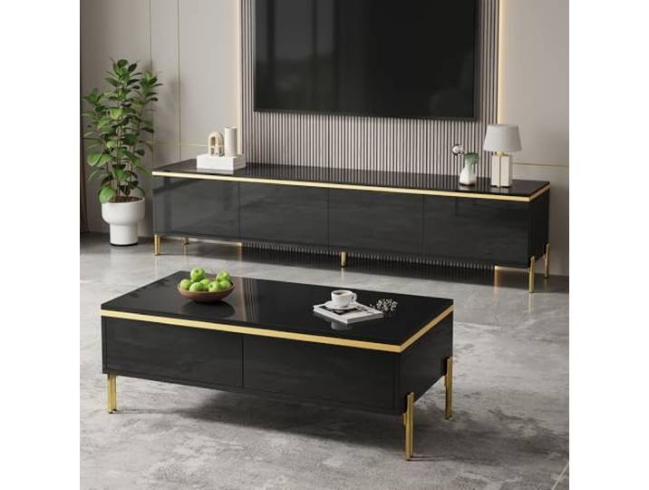 Ropilly tv Schrank und couchtisch Set schwarz Hochglanz 170cm Möbelset aus TV‑Board und Couchtisch mit goldenen Akzenten, kratzfeste Oberfläche für Wohnzimmer.