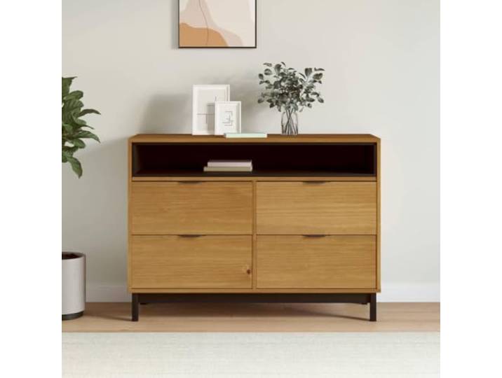 WXGTBKPR Schubladenschrank Kiefer Massivholz 110x40x80 cm Kommode Braun 4 Schubladen, Offenes Fach, Rustikale Aststellen, Stabiles Eichen-Optik Design