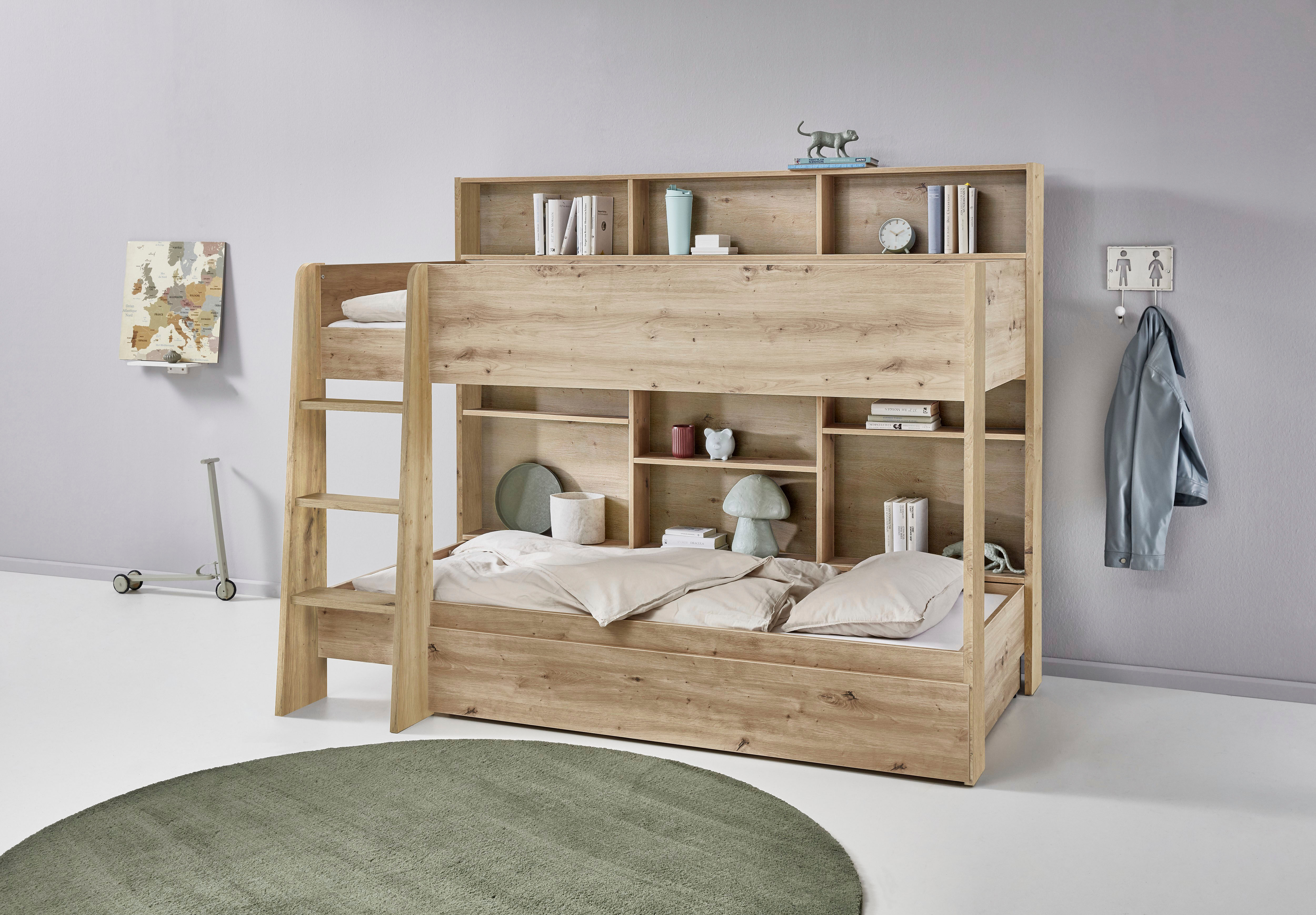 Etagenbett RELITA "Sely, viel Funktion auf kleinem Raum, 2 Liegeflächen, modernes Design", braun (eiche artisan dekor, eiche artisan dekor, eiche artisan dekor), B:128cm H:168cm L:209cm, Etagenbetten, Etagenbett, viel Stauraum, pflegeleichte Melamin Oberf