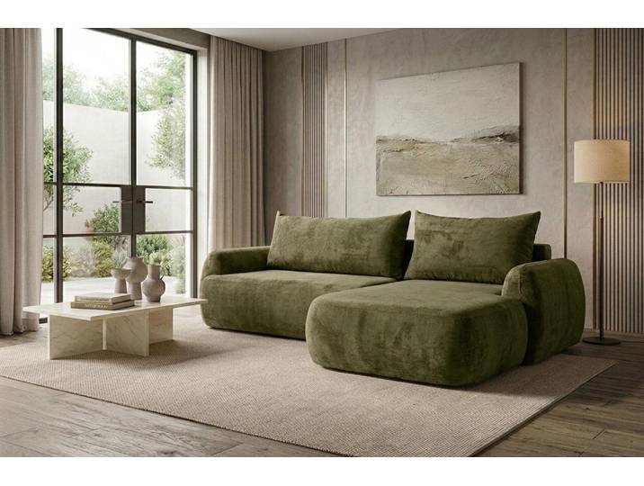 Kaiser Möbel Ecksofa mit Schlaffunktion und Bettkasten, Chenille-Stoff Perfecto, Grün, Rechts, HELA II