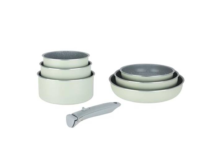 Sitram 716939 Kochgeschirr-Set, 7-teilig, gepresstes Aluminium, grün + gesunde Keramikbeschichtung, ohne PFAS – 3 Pfannen Ø 20/24/28 cm + 3 Töpfe Ø 16/18/20 cm + abnehmbarer Griff – für alle Herde