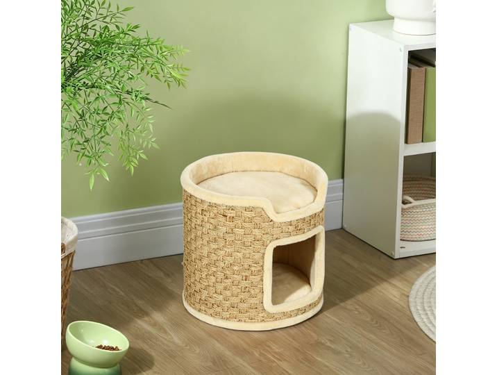 PawHut Tonneau à Chat Peluche Ø38x37cm Kaki Beige