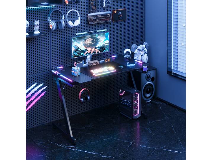 Table de jeu Devoko avec LED 120x60 cm Bureau de jeu Z-Frame Ergonomique Table de jeu PC avec porte-gobelet