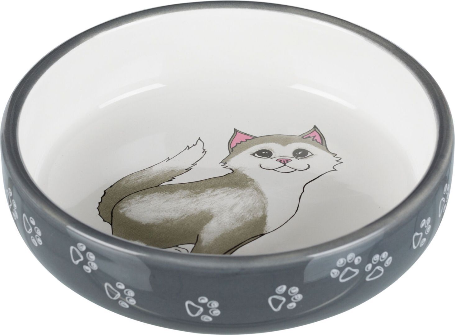 TRIXIE Napf, flach, Katze / Pfoten, Keramik, 0,3 l / Ø 15 cm, grau / weiß