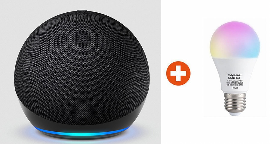 Bundle: Amazon Echo Dot (5. Gen. 2022) WLAN- und Bluetooth-Lautsprecher mit Alexa Anthrazit + Shelly Multicolor Bulb E27 Gen3