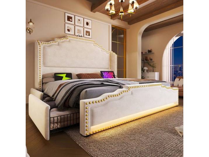 Lit- Zukavenir- en samt avec 4 tiroirs avec éclairage LED avec port de charge USB-C avec sommier à lattes- 160x200cm