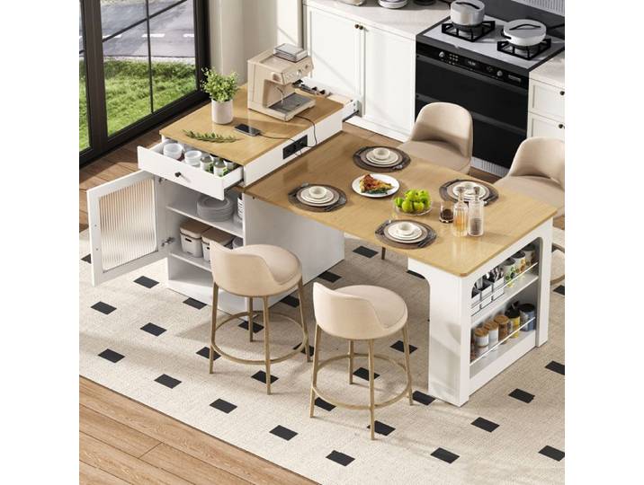 Îlot de cuisine extensible - 80x71~111~151x92 cm - Blanc+Naturel - MDF+verre - Roulettes cachées
