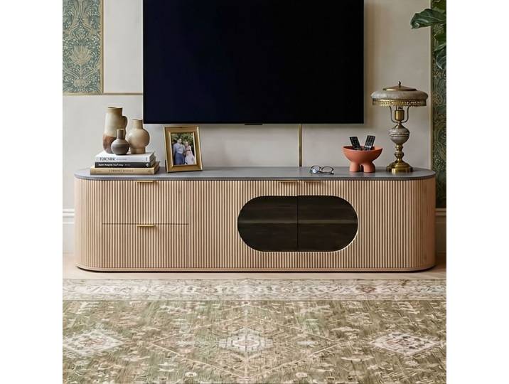 Meuble TV 172cm - Portes 3D & Vitre Ovale - Plateau Effet Marbre - MDF Chêne Naturel