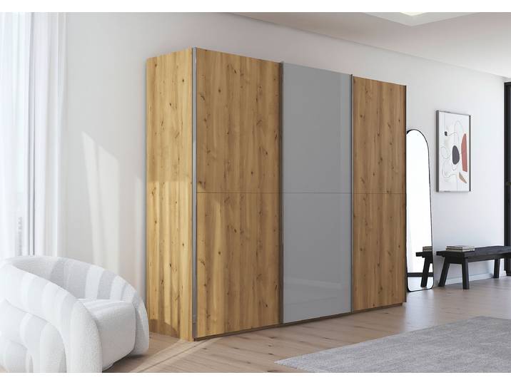 Schwebetürenschrank Scale mit Glas 271cm Holz/Grau/Seidengrau