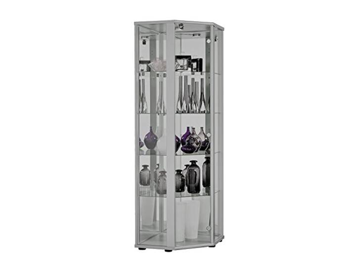 K-Möbel Eckvitrine in Alu/Silber (176x56,5x56,5 cm) mit 4 Glasböden, Schloss, Spiegel & LED - Modellauto Vitrine Silber - Vitrinenschrank Alu - Sammlervitrine - Wohnzimmerschrank Glasvitrine Glas