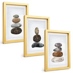 BILDER SET 3er Set - 20x30 cm Goldrahmen - Minimalistische Boho-Steine
