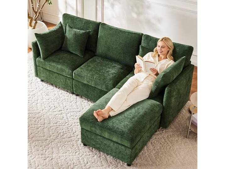 BTM Modernes Ecksofa 3 Sitzer Wohnlandschaft L-Form mit Kissen, Wohnzimmer Modulares Sofa Set Grün Chenille