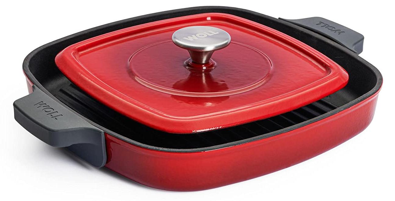 Eckige Grillpfanne 28x28 cm mit Rillen, inkl. Steakpresse, rot