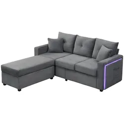 L-Form Sofa mit Hocker, 15 cm Rückprallschaum, LED-Beleuchtung, flexibler Hocker als Bett/Beistelltisch, Cordstoff, Grau, 184x84x85 cm