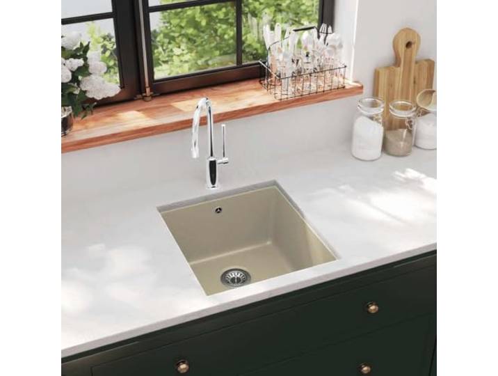 Xolmizyn Granitspüle Einzelbecken Beige 420x460mm Unterbau Küchenspüle Schlagfest & hitzebeständig, Integriertes Korbsieb, Einfache Montage