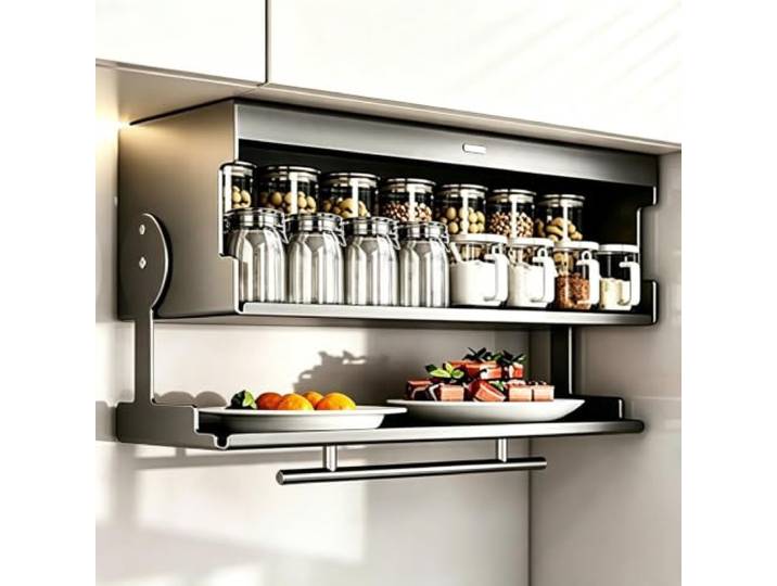 LYFHYSDSP 2-stufiger Auszieh-Schrankorganizer, 90° Herunterklappbares Regal Wandmontierter Klappbarer GewüRzregal, Platzsparender HäNgeorganizer füR GewüRzgläSer, KüChe(Gray,26cm/10in)
