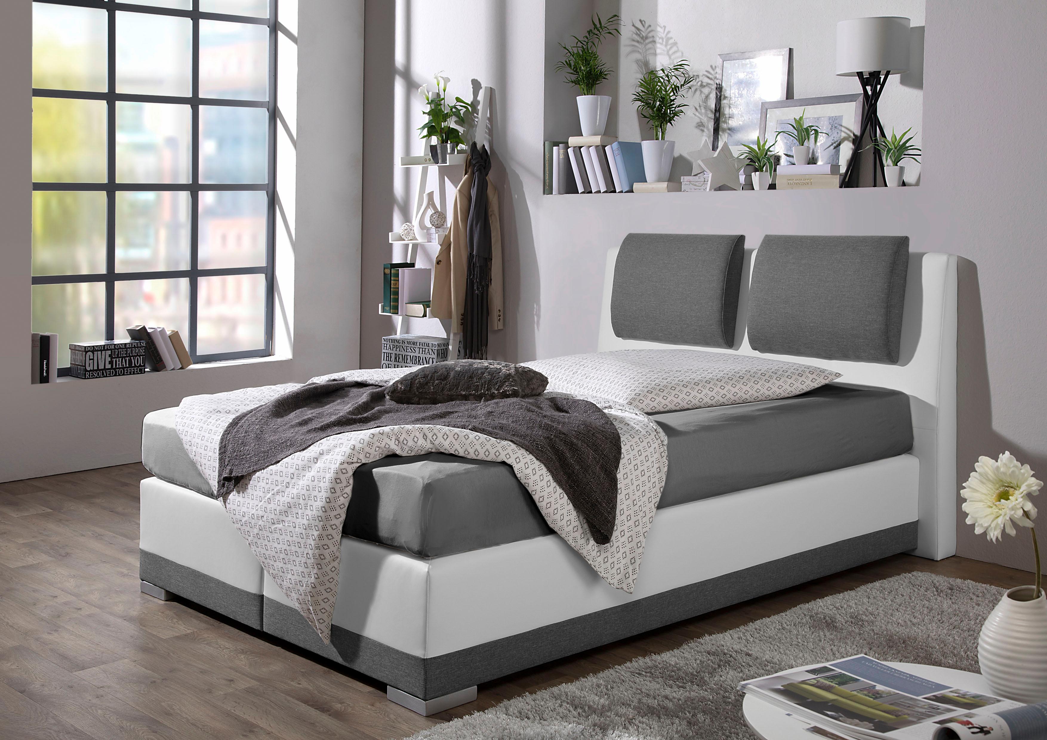 Boxspringbett MAINTAL, grau (grau, weiß), B:172cm L:212cm, Strukturstoff-Bezug 100% Polyester;Kunstleder 100% PU;Bezug der Spiegelfläche Matratzendrell aus 100% Polyester, Komplettbetten, Boxspringbett, verstellbare Kopfstütze
