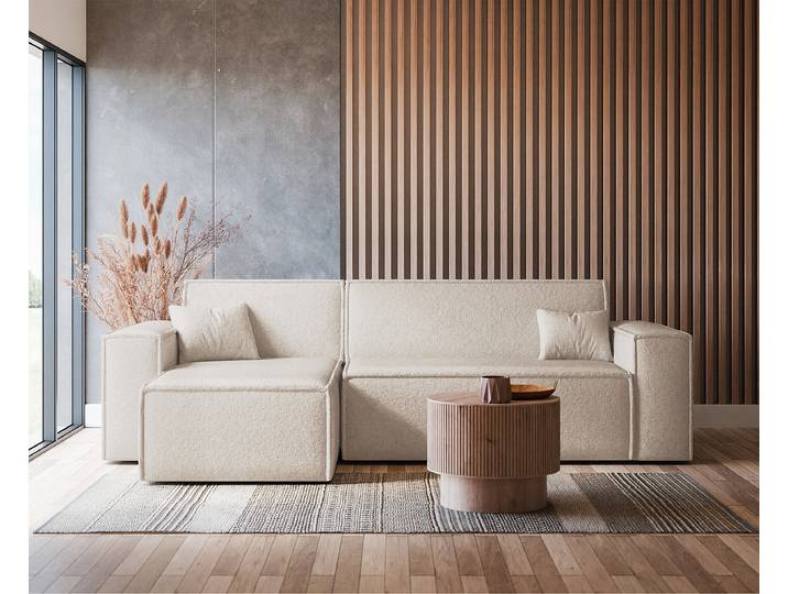 Ecksofa mit Schlaffunktion Weiß/Wollweiß Teddystoff 244 x 83 x 145cm Longchair beidseitig montierbar mit Schlaffunktion Modern