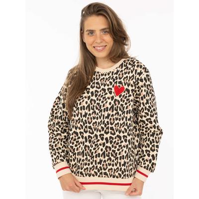 Sweatshirt ZWILLINGSHERZ "Leo Love", Damen, Gr. L, braun (beige), Obermaterial: 50% Baumwolle, 50% Polyester, Sweatshirts Sweatshirt, Mini Me, Rundhals, elastische Bündchen, Leo-Allover, Herzpatch