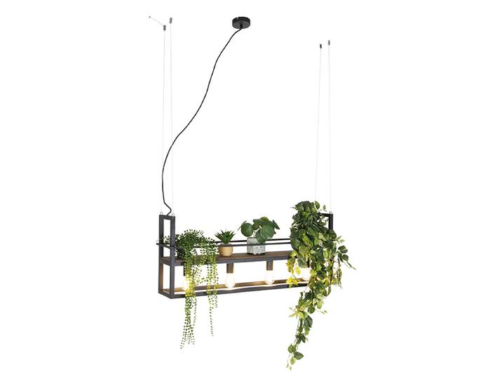 Suspension industrielle noire avec étagère en bois 4 lumières -
