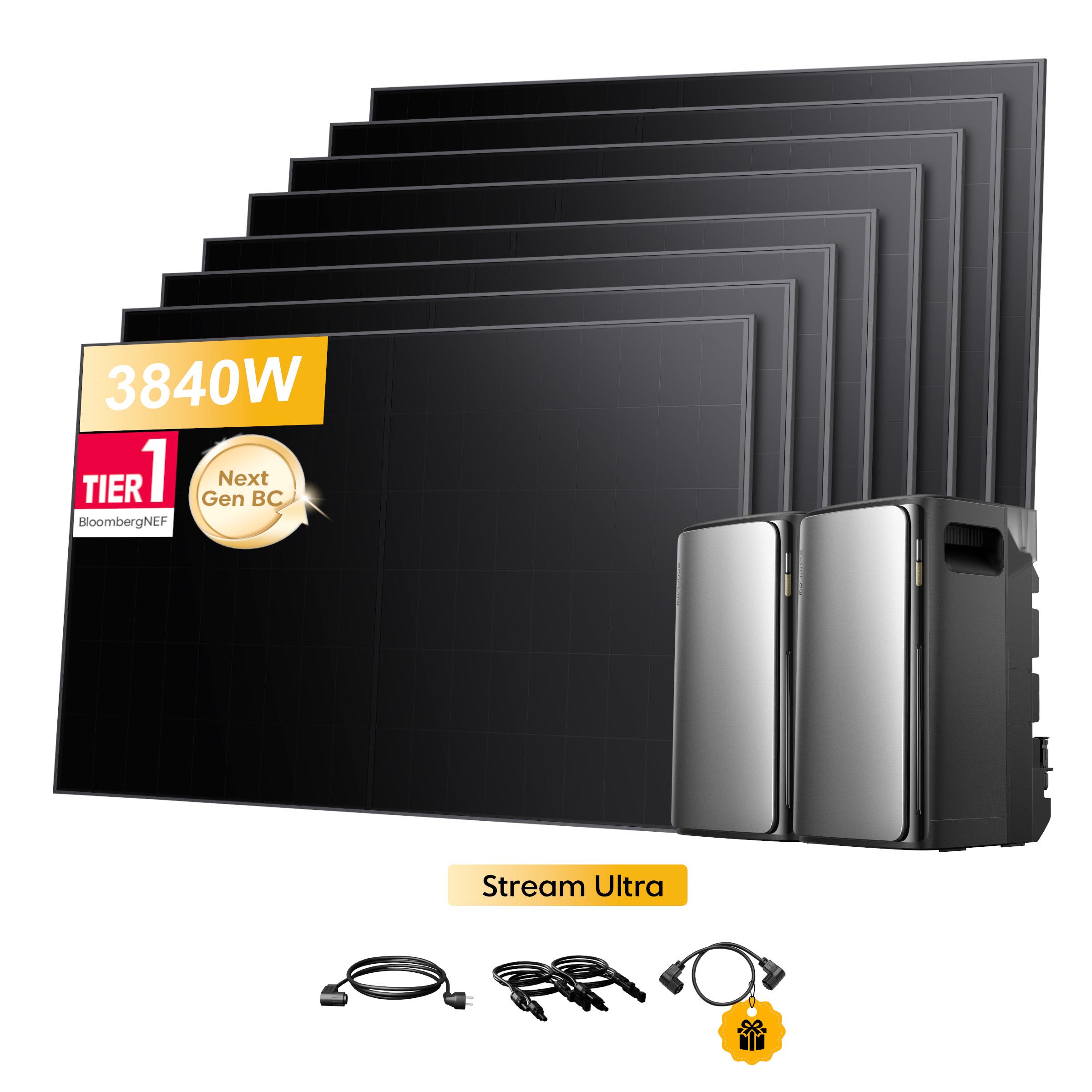 Balkonkraftwerk mit Speicher, 2x EcoFlow Stream Ultra mit 8xSunpro 480Wp Full Black Bifazial Solarmodule mit EcoFlow Parallel Kabel (0% MwSt)