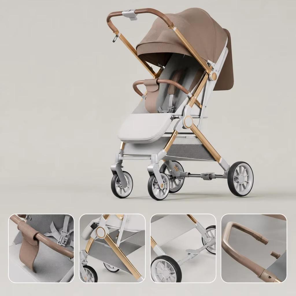 Reisekinderwagen - Standard-Kinderwagen - Leicht - Kompakt faltbar - Wendesitz - Mehrfach verstellbare Rückenlehne - Für 0-1 Jahre - Champagner