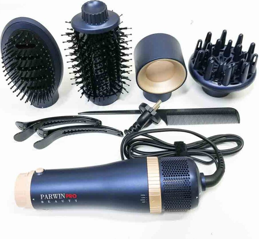 PARWIN PRO BEAUTY 4-in-1 haardroger en föhnborstel set met ionische technologie, 1000 watt, Pruisischblauw