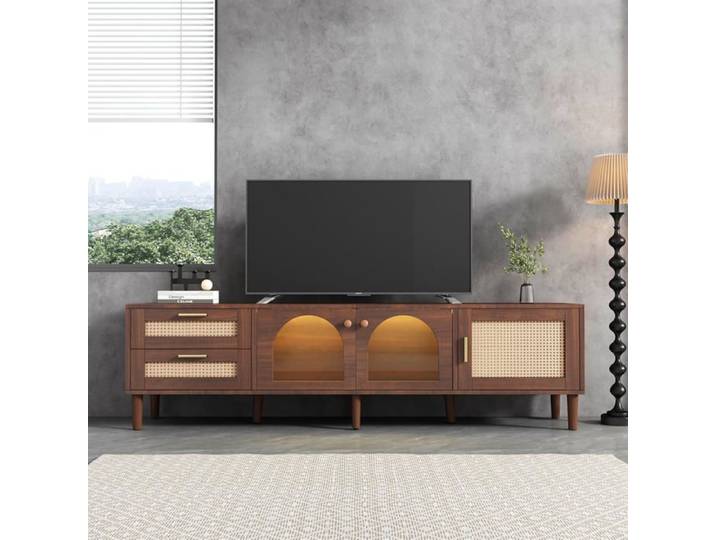 Lemonbest Meuble TV Bois avec éclairage LED en 2 tiroirs en rotin et 2 Portes en Verre bombées Meuble de Salon 180x40x50cm Marron