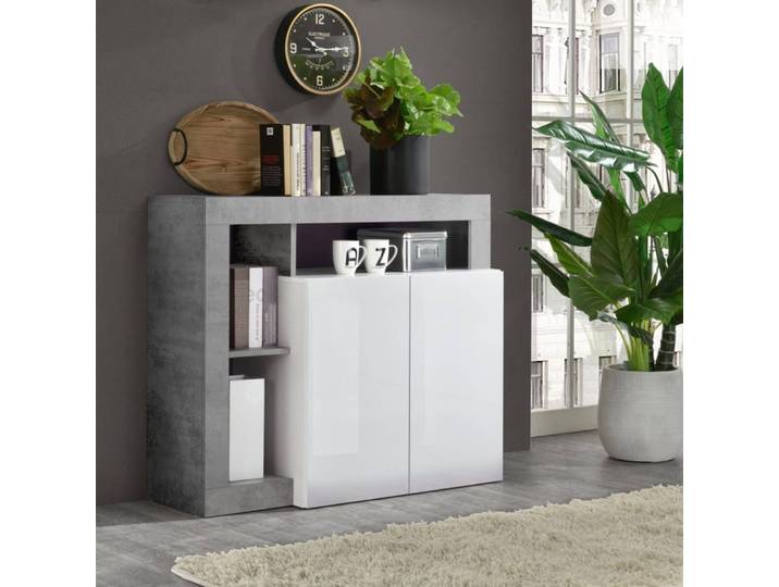 Buffet 2 portes blanc laqué avec niches aspect cimento