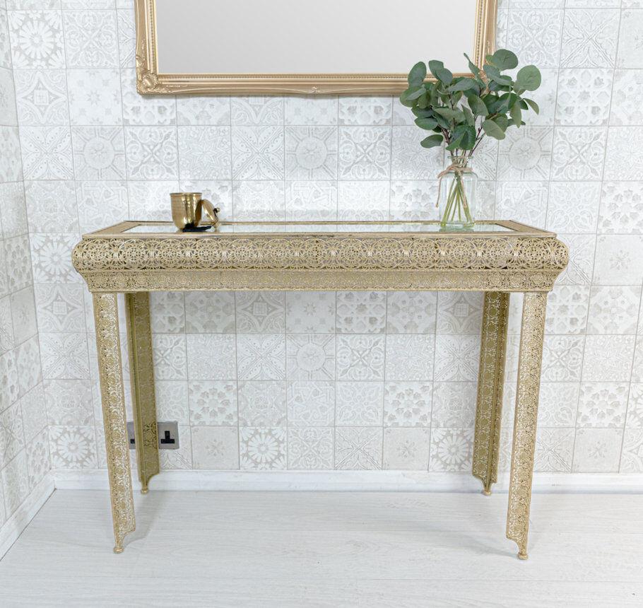 Rosdorf Park Onaga Embossed Metal & Glass Moroccan Style Console Table Gold