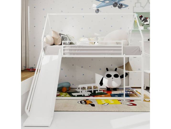 Lit superposé enfant - SOGEU - Forme de Maison - 90x200 cm - Avec toboggan - Cadre métal blanc