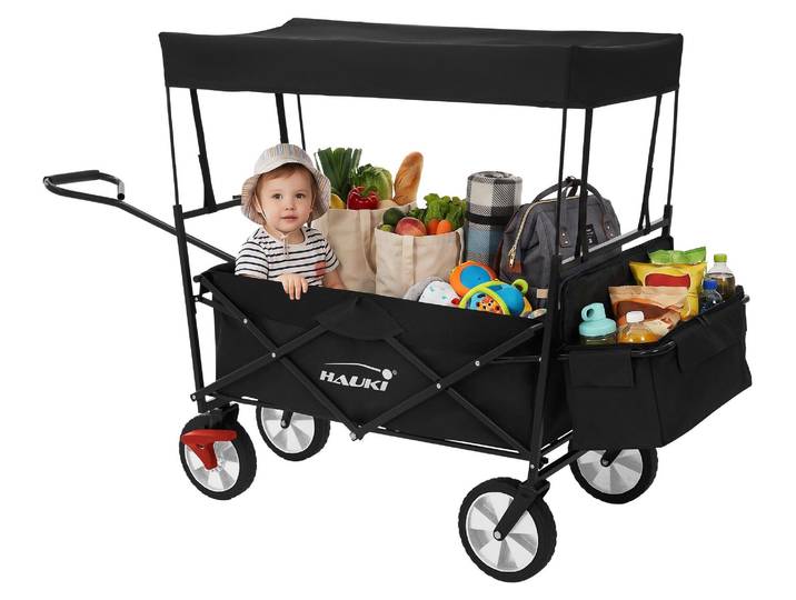 Hauki Bollerwagen faltbar mit Dach, Handwagen klappbar für Kinder, Strand, Picknick, Camping, Garten, Transportwagen L Schwarz, Gerätewagen mit Tasche