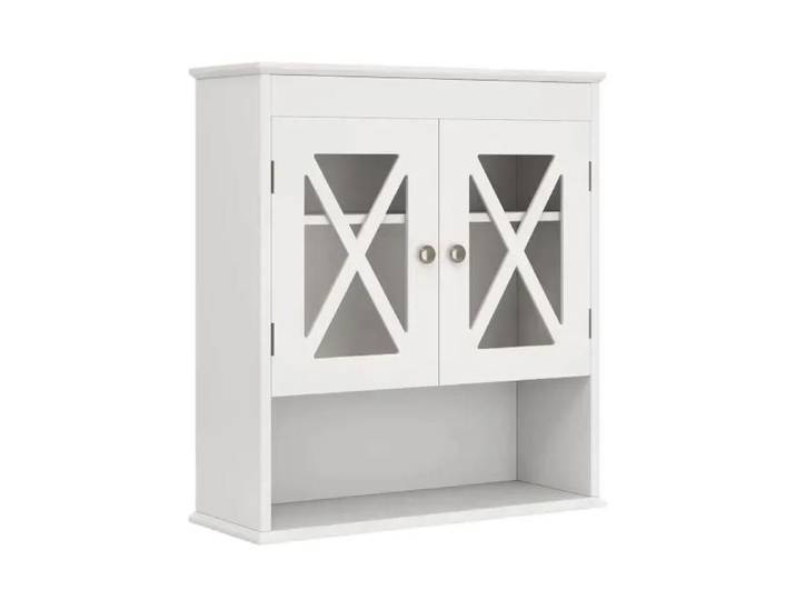 Portes Acrylique Meuble Salle de Bain Mural Rangement avec Étagère Réglable et Compartiment Ouvert WC Blanc