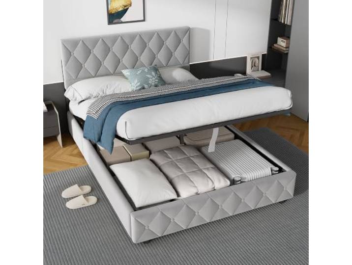 okwish Polsterbett 140x200 mit Bettkasten, Samt, Grau, ohne Matratze verstellbares Kopfteil, Lattenrost aus Holz, Ideal als Doppzelbett, Jugendbett und Stauraumbett